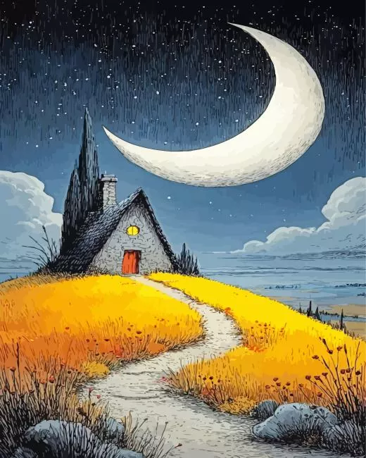 Cottage and crescent moon paint by number Cottage And Crescent Paint By Numbers