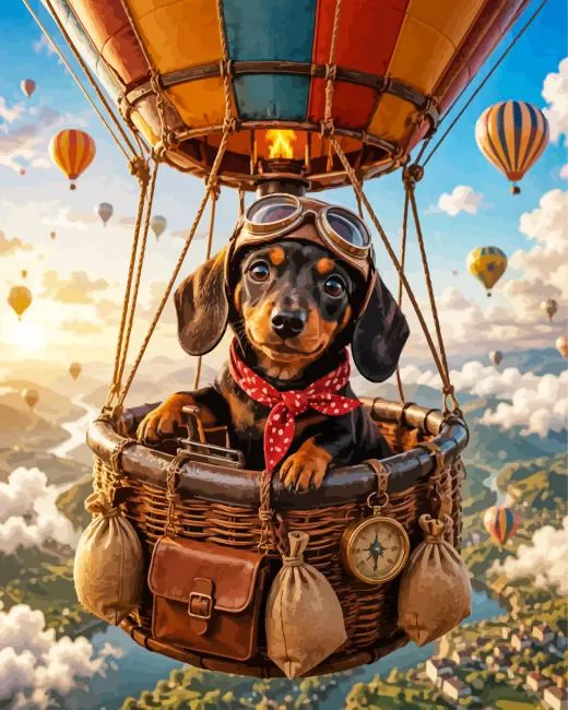 Dachshund Piloting a Hot Air Balloon paint by number Dachshund Piloting A Hot Air Balloon Paint By Numbers