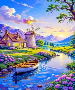 Cottage And A Traditional Windmill Paint By Numbers