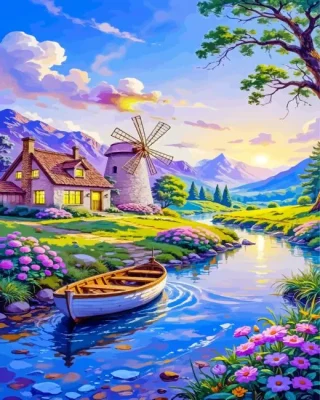 Cottage And A Traditional Windmill Paint By Numbers 