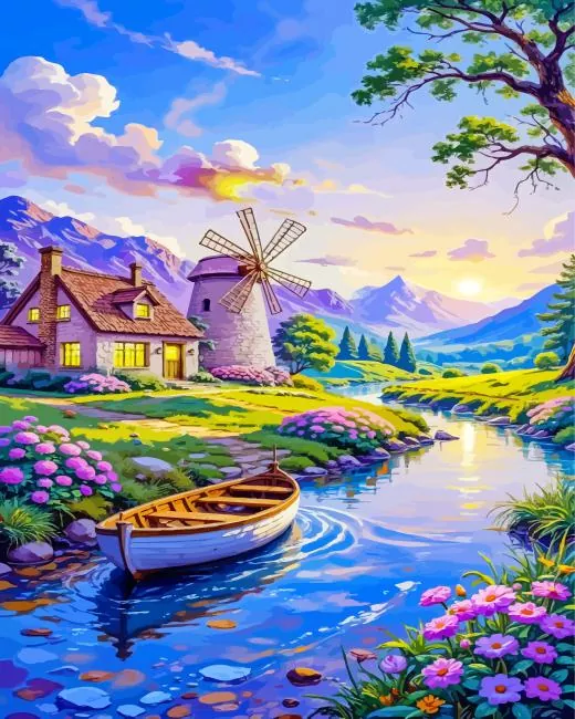 cottage and a traditional windmill paint by numbers Cottage And A Traditional Windmill Paint By Numbers