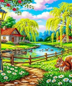 Cottage And River With Ducks Paint By Numbers