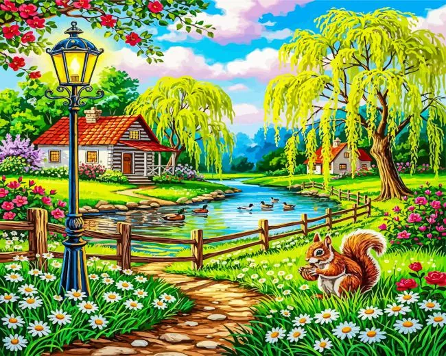 cottage and river with ducks paint by number Cottage And River With Ducks Paint By Numbers