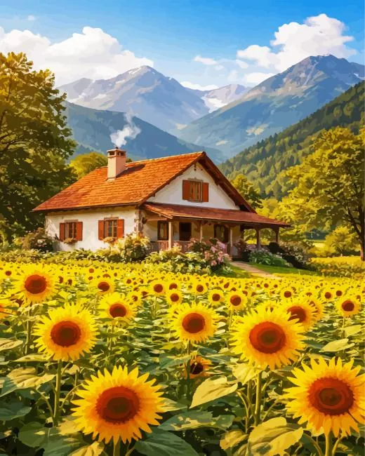 cozy cottage and sunflowers paint by numbers Cozy Cottage And Sunflowers Paint By Numbers