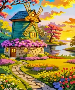 Traditional Windmill And A River Paint By Numbers