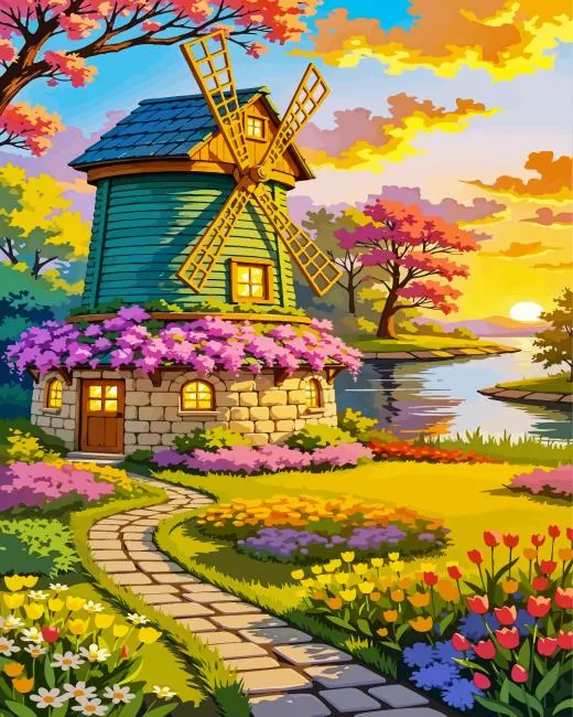 traditional windmill and a river paint by numbers Traditional Windmill And A River Paint By Numbers
