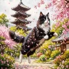 Tuxedo Cat And Cherry Flowers Paint By Numbers