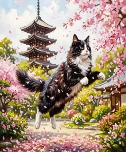 Tuxedo Cat And Cherry Flowers Paint By Numbers