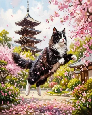 Tuxedo Cat And Cherry Flowers Paint By Numbers