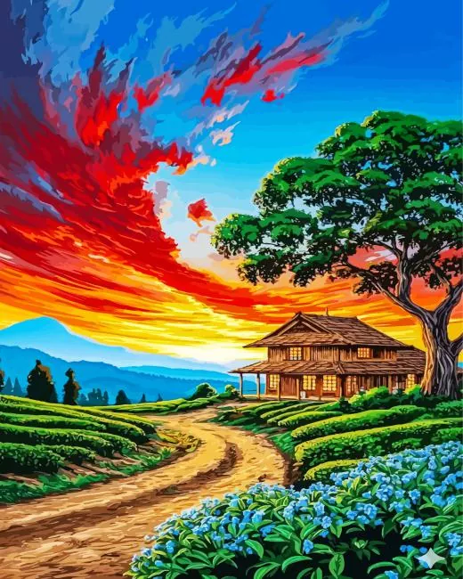 wooden cabin sunset paint by number Wooden Cabin Sunset Paint By Numbers